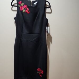 Calvin Klein Black Dress with Red Floral Details Size 8 New